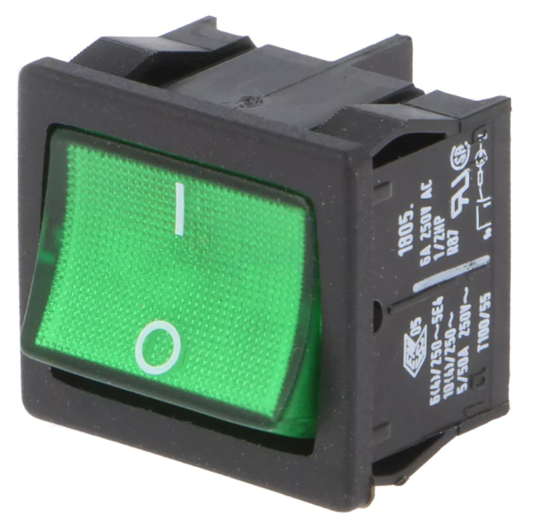 ROCKER; DPST; Pos: 2; ON-OFF; 6A/250VAC; grün; IP40; LED; 1800; 100mΩ